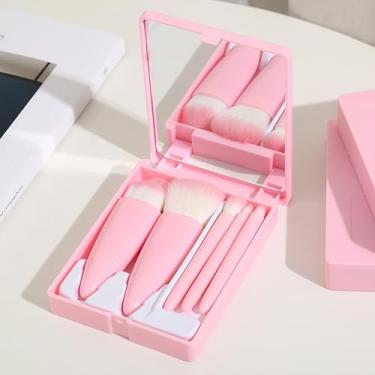 Imagem de Conjunto de pincéis de maquiagem para viagem, rosa, 5 peças, mini pincéis cosméticos com espelho, kit completo de pincéis para blush para olhos e lábios, portátil para uso diário e em viagens