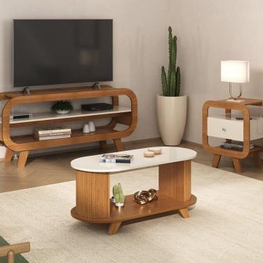 Imagem de Conjunto Sala de Estar Mesa de Centro Vivladi e Mesa de Apoio e Rack Theo Cinamomo / Off White