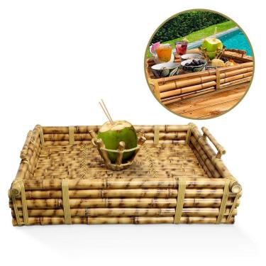 Imagem de Bandeja Flutuante de Bambu Retangular com Suporte Porta Coco Cesto Decorativo para Piscina Casa Hotel