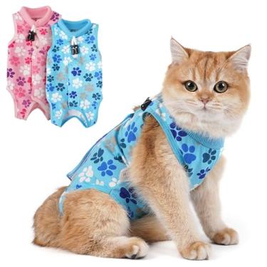 Imagem de Traje de recuperação de gatos: terno pós-cirurgia azul macio para gatos com design de impressão de pata - Terno de recuperação elástico, respirável e lavável para esterilização ou cura após a