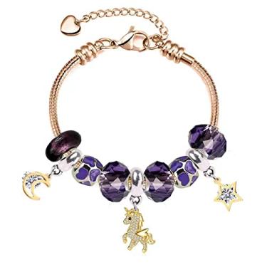 Imagem de Pulseira Pandora Unicórnio Ideias de Presente para Meninas Adolescentes Ajustável 17 a 21 cm, 8 3 inch, Vidro