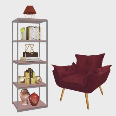 Imagem de Kit Poltrona Fatte com Estante Livreiro Ferro Prata mdf Rose Suede Bordô - Ahazzo Móveis