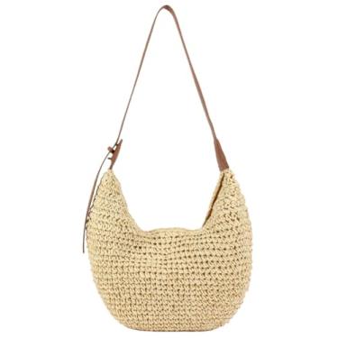 Imagem de Bolsa tiracolo de palha crescente para mulheres 2025 verão praia bolsa de ombro despojada boho sacola grande capacidade, Bege, Medium