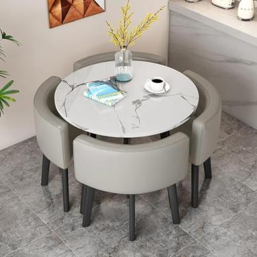 Imagem de Mesa De Cozinha E Cadeiras Para 4, Conjunto De Mesa De Jantar Compacta De 5 Peças, Tampo De Padrão De Mármore Falso E 4 Assentos Estofados Em Couro Pu, Conju, Light Gray, Desk top DI 90cm