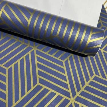 Imagem de ESSMOKO Papel de parede autoadesivo padrão geométrico dourado 3D moda moderna sala de estar hotel quarto adesivo de parede azul 45 * 500 cm