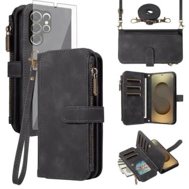 Imagem de Asuwish Capa de celular para Samsung Galaxy S25 Ultra 5G com zíper carteira celular com protetor de tela de vidro temperado alça transversal flip suporte para cartão de crédito S25Ultra 25S S 25