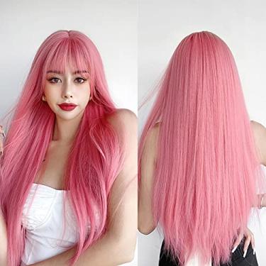 Imagem de Peruca 7JHH longa reta com franja, peruca de cabelo sintético rosa para uso diário e meninas, comprimento de cosplay de 58 cm