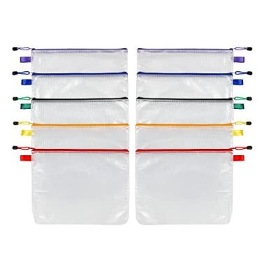 Imagem de Oxford Bolsas com zíper reforçadas, pacote com 10, 33 x 26 cm, bolsa de poliéster translúcida, forro de malha branca, vermelho, amarelo, verde, roxo, zíperes azuis (77707)