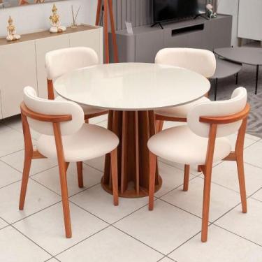 Imagem de Mesa de Jantar 115cm Redonda Tampo c/ Vidro e 4 Cadeiras em Madeira Na