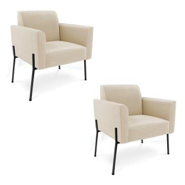 Imagem de Poltrona Pé De Ferro Preto Para Sala Kit 2 Marisa Suede Bege