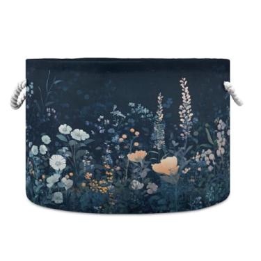 Imagem de JUZIHAI Cesta de armazenamento dobrável de flores vintage, cesto de roupa suja para bebê, cobertor com alças de corda de algodão, caixa de brinquedos dobrável, organizador de armário para quarto