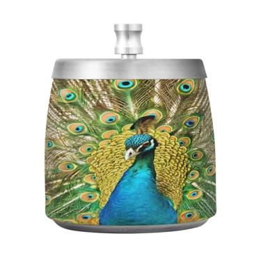 Imagem de Qilmy Lindo cinzeiro de pavão de aço inoxidável com tampa - Cinzeiro de cigarro à prova de vento sem cheiro sem fumaça para casa, escritório, carro, pátio, varanda (uso interno e externo)