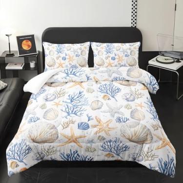 Imagem de XYNHML Conjunto de cama com estampa de estrela do mar e concha coral azul, 3 peças, animais selvagens, mundo subaquático, para crianças, adolescentes, meninas, adultos, náutico, litoral, praia, 1