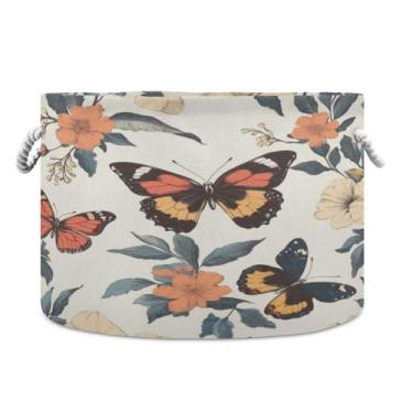 Imagem de JUZIHAI Cesta de armazenamento dobrável com flores, borboletas, cesto de roupa suja para bebê, cobertor com alças de corda de algodão, caixa organizadora de armário dobrável para quarto, berçário