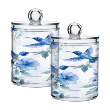 Imagem de Qilmy Qtip Suporte de boticário de 397 g, flores azuis, beija-flores, frasco de armazenamento de boticário de plástico transparente com tampa, dispensador de recipiente de banheiro para bola de