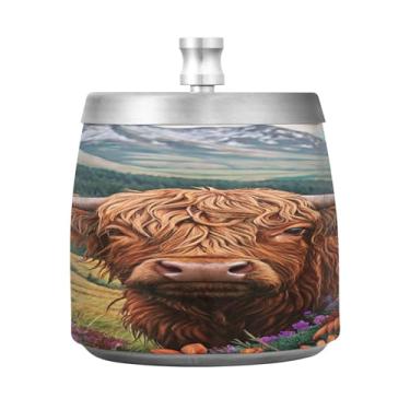 Imagem de Qilmy Cinzeiro Highland Cow de aço inoxidável com tampa - Cinzeiro de cigarro à prova de vento sem cheiro sem fumaça para casa, escritório, carro, pátio, varanda (uso interno e externo)