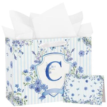 Imagem de WRAPAHOLIC Saco grande de presente de aniversário do alfabeto de 33 cm com cartão e papel de seda - Letra C e sacos de papel com emblema floral listrado azul para meninas, aniversário, chá de bebê