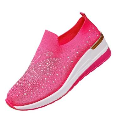 Imagem de Sapato feminino cravejado de diamante tecido salto plataforma moderno casual respirável malha grande primavera verão, Rosa choque, 36