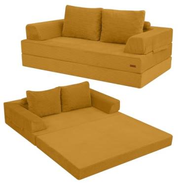 Imagem de COMAX Sofá-cama conversível, sofá dobrável de veludo cotelê dobrável futon colchão com travesseiros, sofá desossado confortável sofá para sala de estar, quarto, amarelo