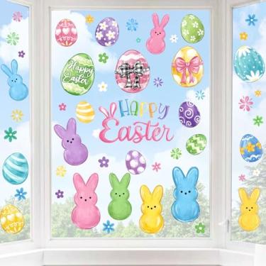 Imagem de Adesivos coloridos para janela de Páscoa, coelhos de coelho, ovos de páscoa felizes, 82 peças removíveis de flores em aquarela dupla face, decalques de vidro para decoração de festa de primavera em