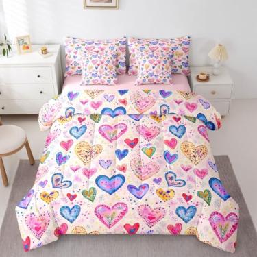 Imagem de Erosebridal Conjunto de edredom casal com estampa de coração de desenho animado, floral, colorido, 7 peças, lençol de amor desenhado à mão e fronhas, dia dos namorados, decoração de quarto