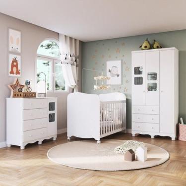 Imagem de Quarto de Bebê Guarda-Roupa 3 Portas Janeladas Cômoda e Berço MDF Mimo