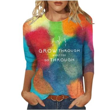 Imagem de Camisas de manga 3/4 para mulheres verão outono gola redonda colorida ajuste solto blusa longa tie dye blusas femininas 2024, I-79 multicolorido, 5G