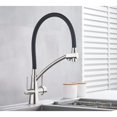 Imagem de Torneira da pia da cozinha torneira misturadora de filtro de água pura guindaste dupla alças purificação cozinha e torneira fria, mangueira preta escovada