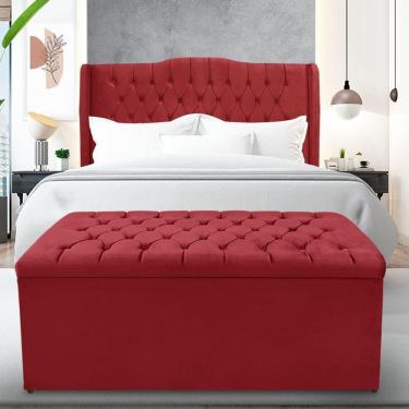 Imagem de Kit Cabeceira E Calçadeira Baú Dubai Casal 140 Cm - Veludo Vermelho