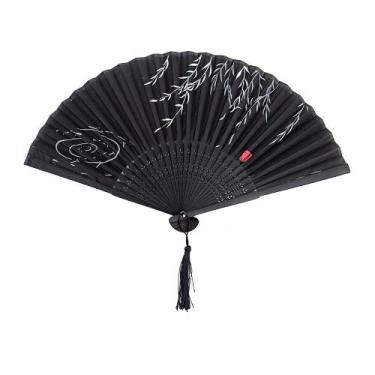 Imagem de Leque de Mão Japonês Bambu Madeira Tecido - Galleria 77, Preto Bambu