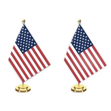 Imagem de Conjunto de 2 unidades de bandeira pequena de mesa americana americana, 12 × 20 cm, mini banner de mesa de mesa da América, decoração de poste sólido de metal de 30 cm, faixa de poliéster impressa