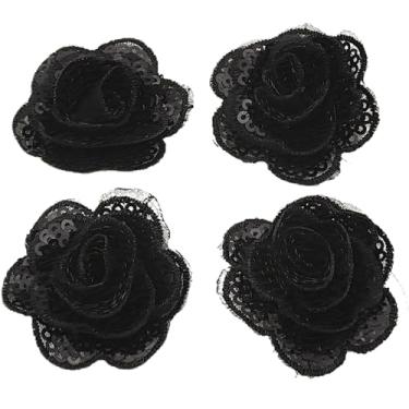 Imagem de Carytalee 5 peças rosa flor lantejoulas renda bordado aplique aplique acabamento vestido de casamento faça você mesmo costura artesanato roupas apliques, 4 cm, preto
