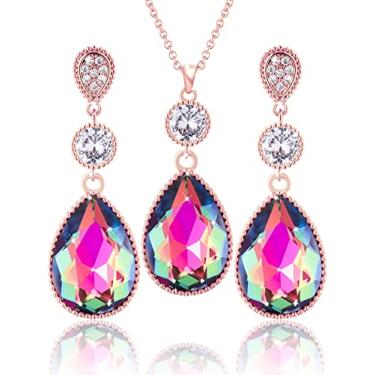 Imagem de Qinpan 18 * 13 mm pingente de cristal gota gota pingente pingente colar e brincos conjunto de joias para mulheres fantasia banhado a ouro, 38*14.5mm, Ouro rosa, Cristal