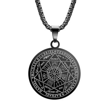 Imagem de Yaumatea Colar com pingente de sete arcanjos para homens e mulheres amuleto de proteção Arcanjo Miguel Colar com pingente de moeda Gabriel Uriel Colar de medalha de aço inoxidável espiritual 61 cm, 24 inch, Aço inoxidável, Sem Pedra Preciosa