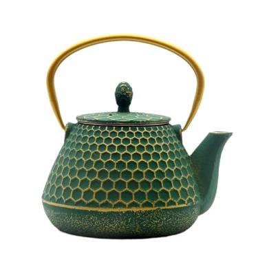 Imagem de Chaleira de ferro fundido segura para fogão, chaleira japonesa revestida com interior esmaltado, chaleira de ferro fundido durável com infusor de aço inoxidável, Dark Green Hexagon Pattern, 1000ml/34oz