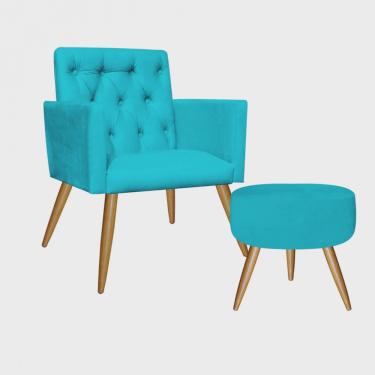 Imagem de Kit Poltrona e Puff Redondo Nina Capitonê Pé Palito Suede Azul Turquesa - Ahz Móveis