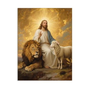Imagem de Arte de parede em tela de leão e cordeiro, cristão, Jesus Leão, Rei, impressão de Deus, religiosa, decoração de parede, imagens para sala de estar, quarto, 50 x 40 cm (20 x 16 pol), sem moldura