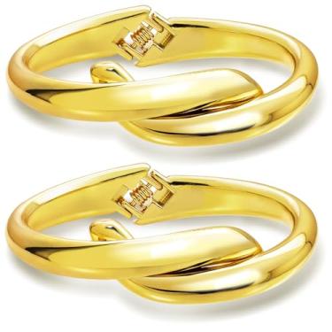 Imagem de 2 peças de pulseiras douradas banhadas em gota d'água para presente feminino, dobradiça torcida, irregular, minimalista, larga, grossa, dourada, aberta, oval, conjunto de joias, Large, Aço inoxidável