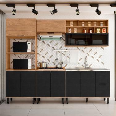 Imagem de Cozinha Completa Sophie 9 Portas 3 Gavetas com Vidro 100% Mdf Freijo/Nero - Pnr Móveis