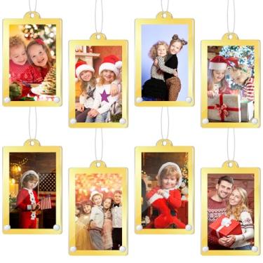 Imagem de Weysat 8 peças de enfeites de foto de acrílico de Natal para pendurar porta-retratos tamanho carteira molduras para decoração de árvore de Natal, rasgue a película de raspar antes de usar (ouro, 8 x 6