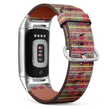 Imagem de MRAKPLGE Pulseira de relógio, estampa étnica boho tribal, compatível com Fitbit Charge 6/Fitbit Charge 5, pulseira de couro vegano de substituição, pulseira, pulseira para homens e mulheres