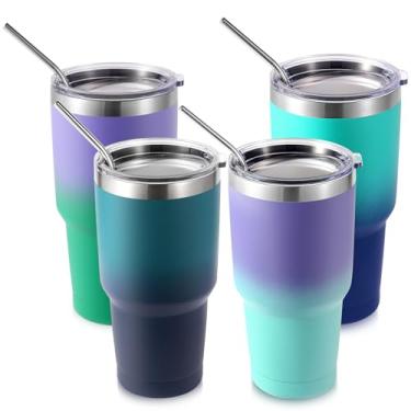 Imagem de Volhoply Copo térmico de 900 ml com tampa e canudo pacote com 4, canecas de café de viagem de parede dupla para bebidas quentes/frias, cabe em porta-copos de carro, sem BPA (multicolorido, 4