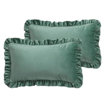 Imagem de ISAENNE Conjunto de 2 capas de almofada retangular azul cinza francês, 30,5 x 50,8 cm, cor sólida, decoração de veludo, capa de almofada com babados, capa de almofada para sofá, cama, sala de estar