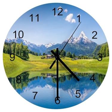 Imagem de LOMADIA Relógio de parede de madeira natural natural, paisagem de lago, paisagem de floresta, relógio redondo silencioso sem tique-taque operado por bateria para quarto, sala de estar, escritório