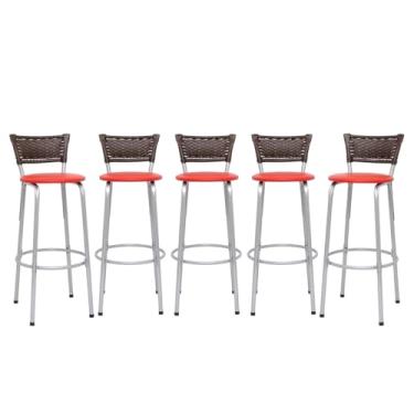 Imagem de Kit 5 Banquetas Alta Junco Argila Estrutura Prata 70cm Para Balcão Ilha Bancada Cozinha Bar Bistrô Americano - Itagold (Assento Vermelho)