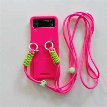 Imagem de Capa de telefone com cordão crossbody para Samsung Galaxy Z Flip 4 3 5 Flip5 Capa com suporte para Samsung Z Flip 5 3 4 Capa traseira com corrente, rosa vermelha, para Samsung Z Flip 5
