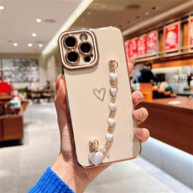 Imagem de Capa macia galvanizada de coração de amor para iPhone 11 12 13 14 15 Pro Max XS X XR 7 8 Plus SE 2020 Pulseira capa traseira, marfim, para iPhone 7plus
