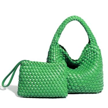 Imagem de Movefad Bolsa feminina de tecido de couro vegano, bolsa de ombro tecida à mão com pequena bolsa feita à mão, grande, de viagem, trançada, de verão, alça superior