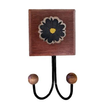 Imagem de Toalheiro Cabideiro Duplo Flor 3d Rústico Artesanal Ferro Cor Preto