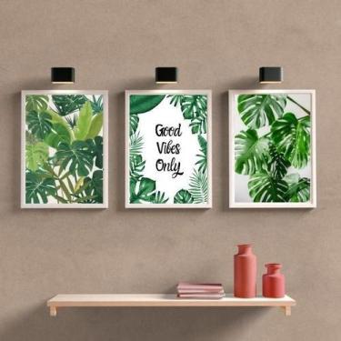 Imagem de Kit 3 Quadros Folhagens Good Vibes Only 33X24 C/Vidro Preta - Quadros 